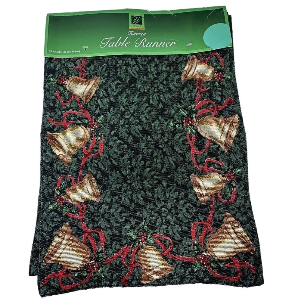 Christmas Bells Woven Tapestry Table Runner 13" x 72" Windham Home Green Gold